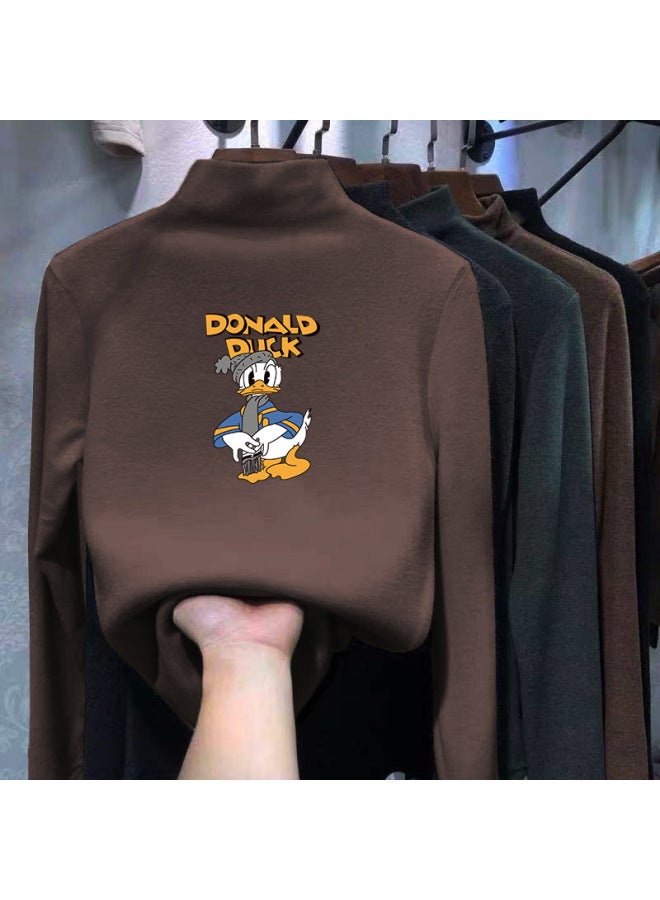 Boys And Girls Half Turtleneck German Velvet Bottoming Shirt Autumn And Winter New Warm Baby Cartoon Printed Long-sleeved T-shirt