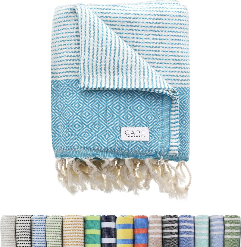 Cape Comforts Oversized Turkish Beach Towel, Diamond Dobby Aqua - 37'' x 67'' - Super Soft & Lightweight | Quick Dry Sand Free Travel Towels for Beach or Bath | Gifts - Image 1