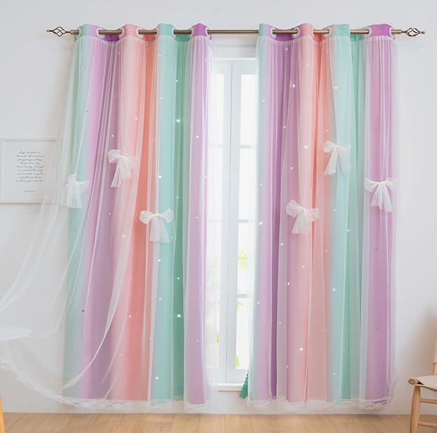 Yancorp Curtains for Girls Bedroom Kids Curtain Hollow-Out Star Window Nursery Curtain 72 inches Length Room Darkening Grommet 2 Layers (Green Pink Purple, W52 X L72) - Image 3