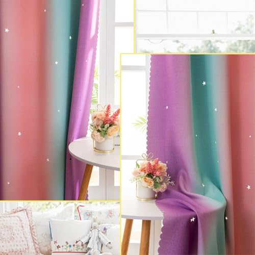 Yancorp Curtains for Girls Bedroom Kids Curtain Hollow-Out Star Window Nursery Curtain 72 inches Length Room Darkening Grommet 2 Layers (Green Pink Purple, W52 X L72) - Image 5