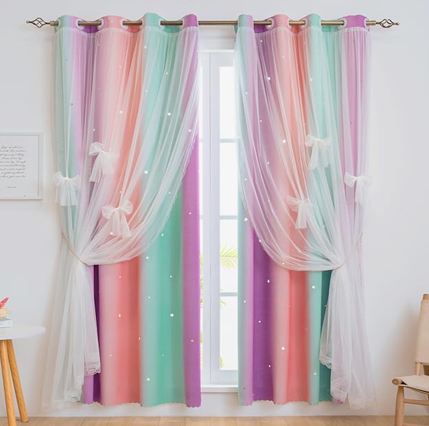 Yancorp Curtains for Girls Bedroom Kids Curtain Hollow-Out Star Window Nursery Curtain 72 inches Length Room Darkening Grommet 2 Layers (Green Pink Purple, W52 X L72) - Image 2