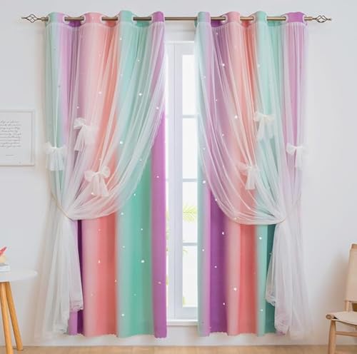 Yancorp Curtains for Girls Bedroom Kids Curtain Hollow-Out Star Window Nursery Curtain 72 inches Length Room Darkening Grommet 2 Layers (Green Pink Purple, W52 X L72) - Image 1