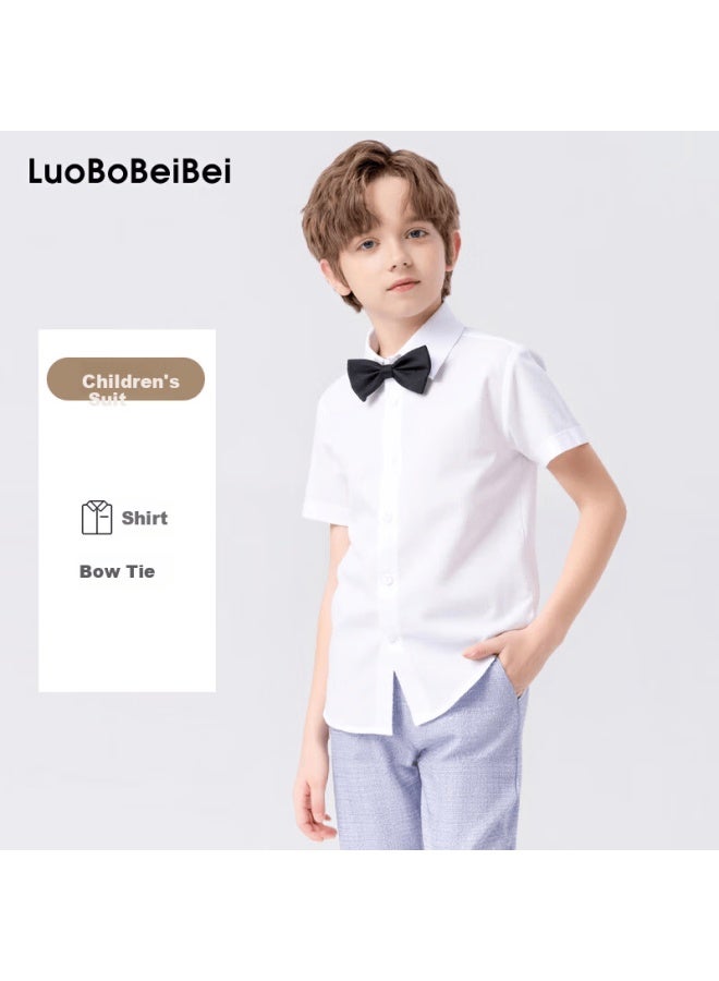 Luobobeibei Children's Shirt, Boys' Summer Short-sleeve White Top, Suit Shirt, Piano Performance Wear, White, Size 120 - Image 1