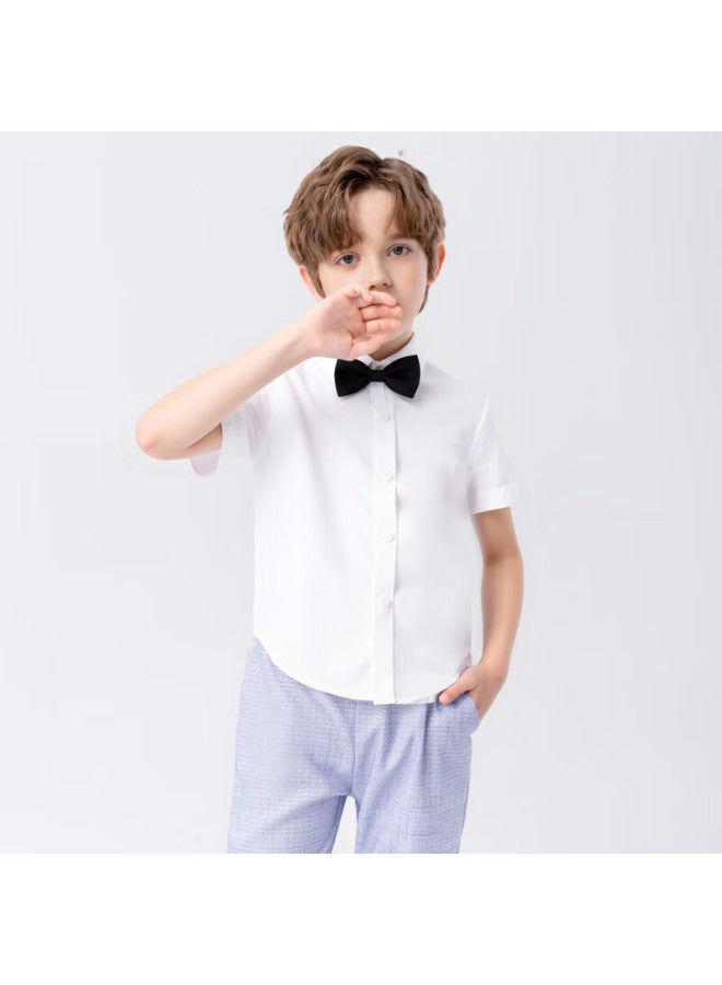 Luobobeibei Children's Shirt, Boys' Summer Short-sleeve White Top, Suit Shirt, Piano Performance Wear, White, Size 120 - Image 2