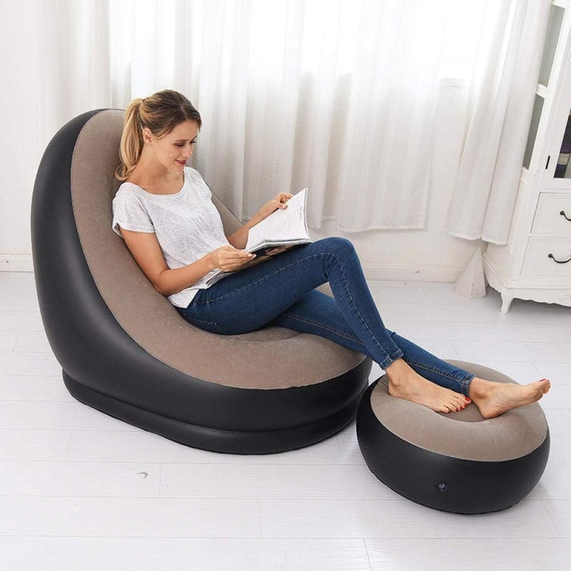 FLIPXEN FLIPXEN Home Garden Inflatable Deluxe Lounge Lounger Chair with Ottoman Foot Stool Seat Relax Couch Brown  - Image 1