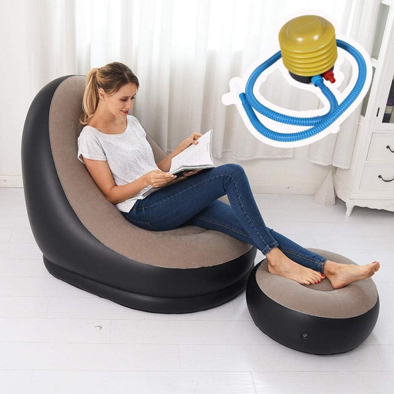 FLIPXEN FLIPXEN Home Garden Inflatable Deluxe Lounge Lounger Chair with Ottoman Foot Stool Seat Relax Couch Brown  - Image 2