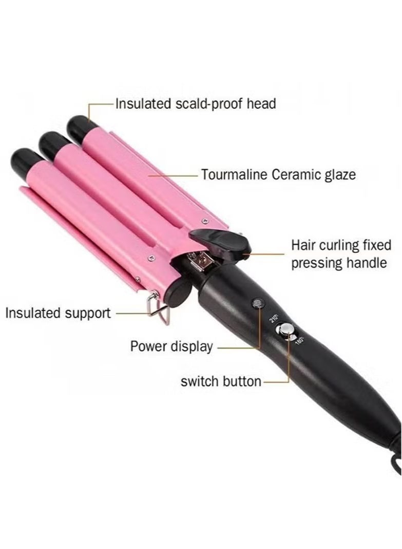 3-Barrel Hair Curler, Triple Tube Curling Iron for Beach Waves, Adjustable Temperature 190-210℃, Professional Hair Waver with Teflon-Coated Ceramic Barrels, Suitable for All Hair Types, UK Plug - Image 5