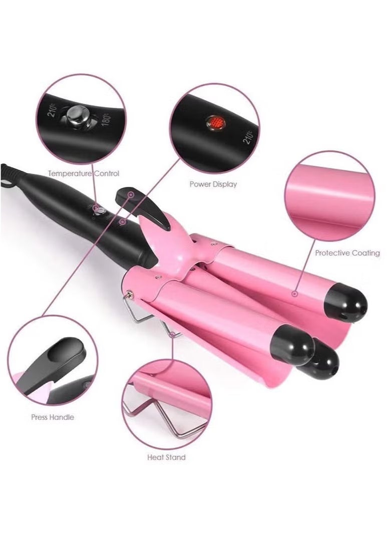 3-Barrel Hair Curler, Triple Tube Curling Iron for Beach Waves, Adjustable Temperature 190-210℃, Professional Hair Waver with Teflon-Coated Ceramic Barrels, Suitable for All Hair Types, UK Plug - Image 3