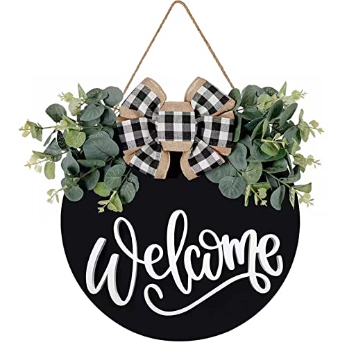 YILOUR Welcome Sign for Front Door Porch Decor Farmhouse Wreath Wall Decor Φ30cm Round Wooden Hanging Housewarming Home Decor for Home Outdoor Indoor (Black) - Image 1