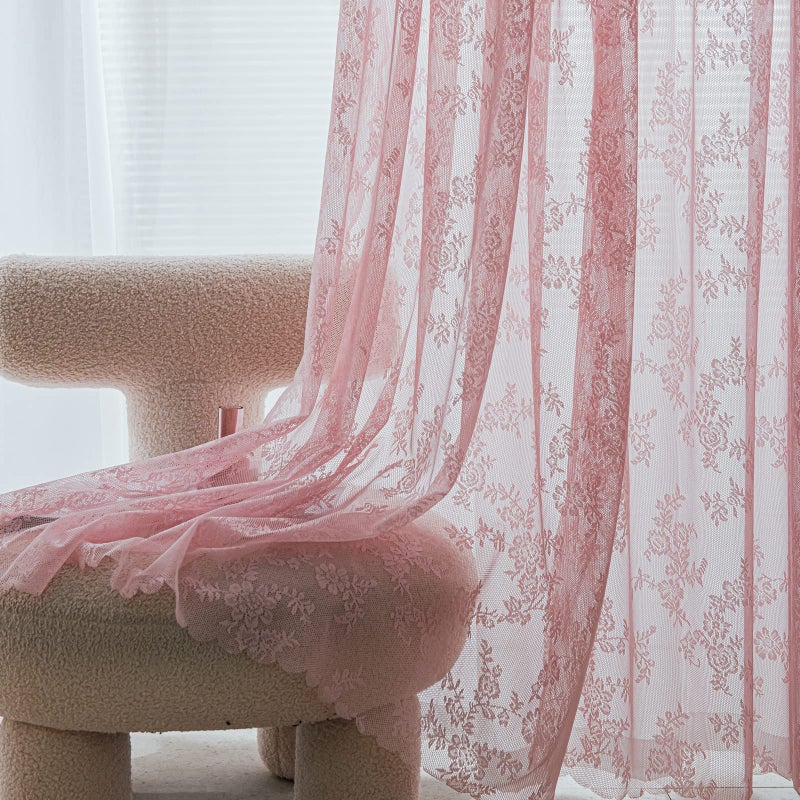Deeprove Pink Lace Curtains 84 Inches Long 2 Panels Set Blush Boho Sheer Floral Embroideried Vintage Window Treatment Pair Privacy French Drape for Girls Nursery Bedroom Width 57 x Length 84