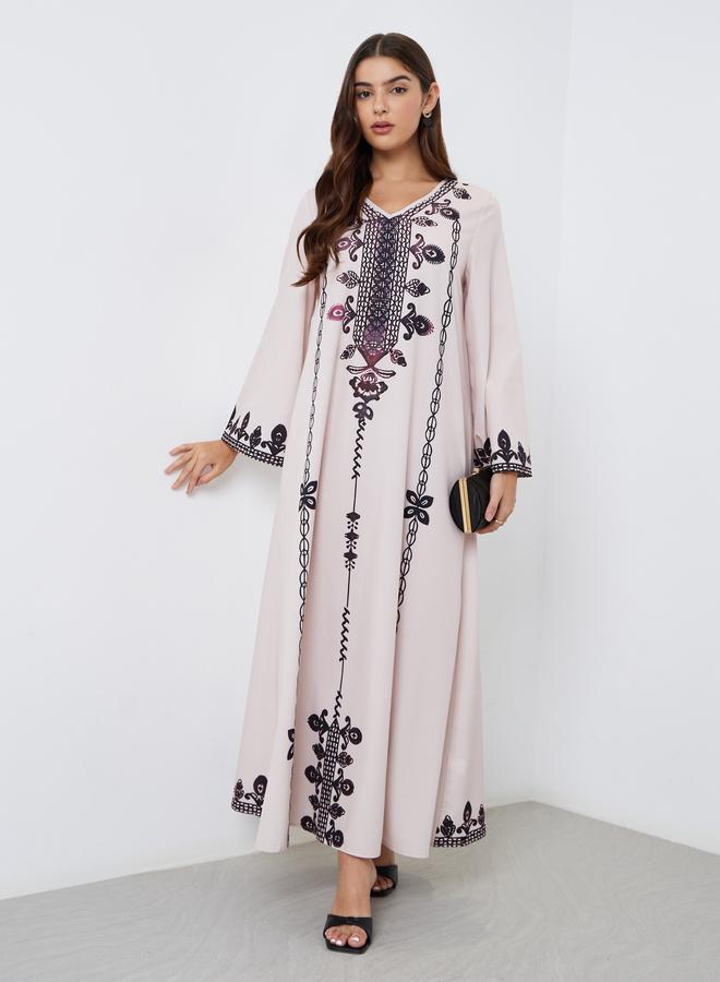 Amirah Cream V Neck Printed Jalabiya - Image 1