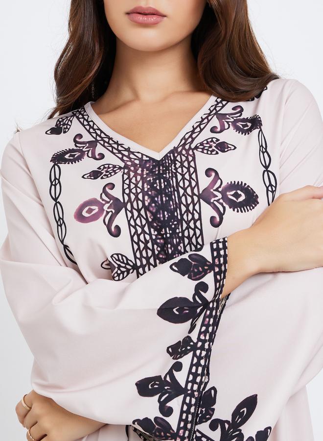 Amirah Cream V Neck Printed Jalabiya - Image 3