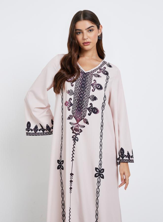 Amirah Cream V Neck Printed Jalabiya - Image 2