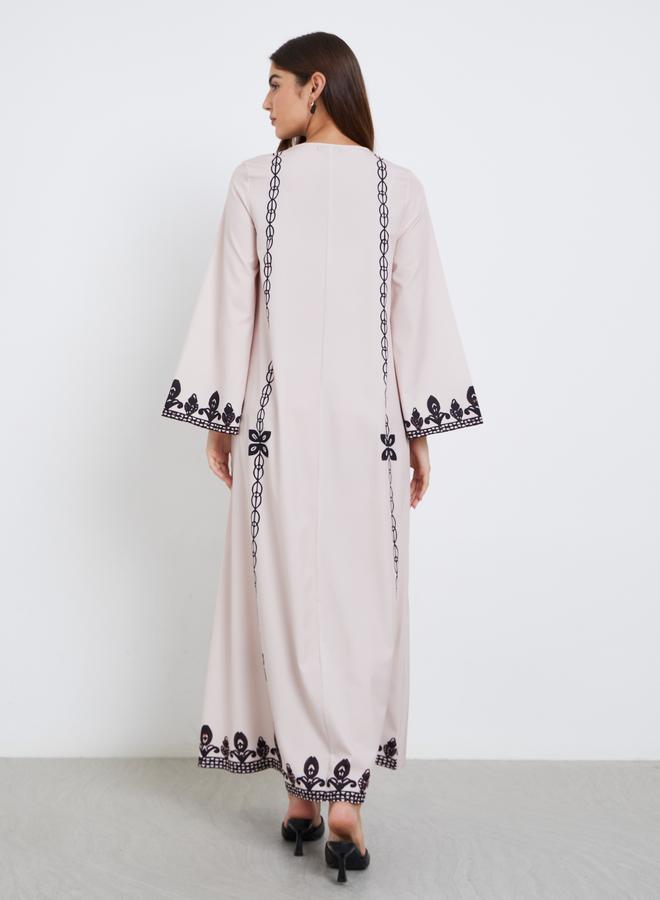 Amirah Cream V Neck Printed Jalabiya - Image 4
