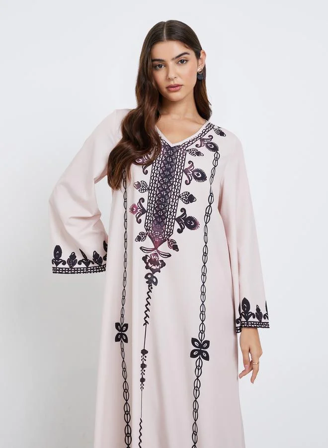Amirah Amirah Cream V Neck Printed Jalabiya