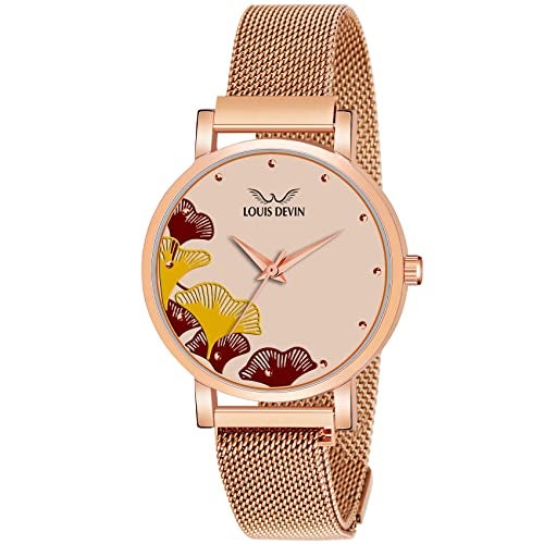 LOUIS DEVIN Rose Gold Plated Mesh Chain Analog Wrist Watch for Women (Rose Gold Dial) | LD-RG162-RG - Image 1