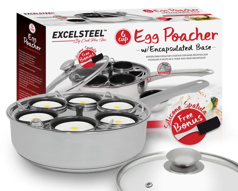 EXCELSTEEL Non Stick Easy Use Rust Resistant Home Kitchen Breakfast Brunch Induction Cooktop Egg Poacher, 6 Cup, Stainless Steel, Round - Image 1