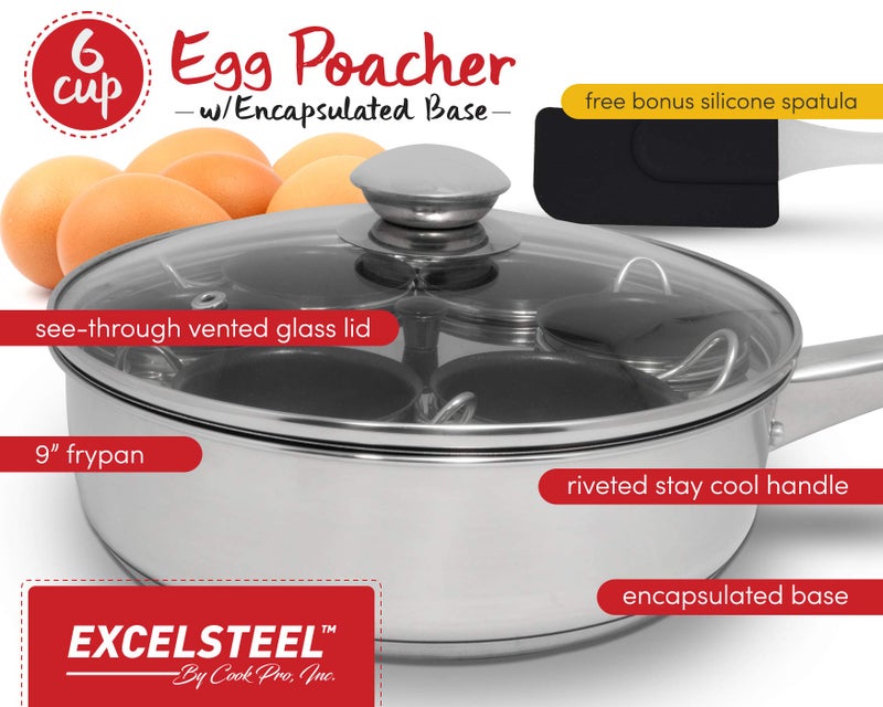 EXCELSTEEL Non Stick Easy Use Rust Resistant Home Kitchen Breakfast Brunch Induction Cooktop Egg Poacher, 6 Cup, Stainless Steel, Round - Image 2