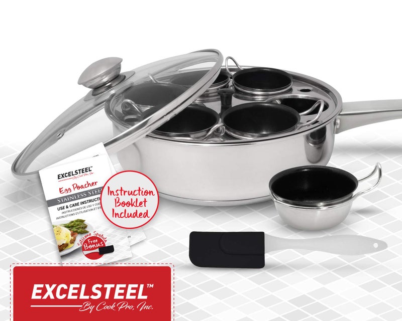 EXCELSTEEL Non Stick Easy Use Rust Resistant Home Kitchen Breakfast Brunch Induction Cooktop Egg Poacher, 6 Cup, Stainless Steel, Round - Image 3