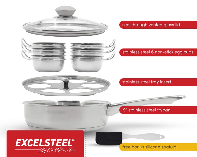EXCELSTEEL Non Stick Easy Use Rust Resistant Home Kitchen Breakfast Brunch Induction Cooktop Egg Poacher, 6 Cup, Stainless Steel, Round - Image 4