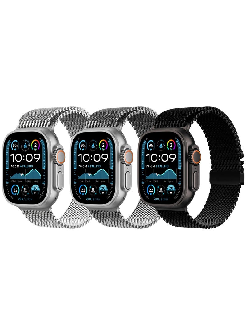 CATANES 3Packs Milanese Loop for Apple Watch Band Ultra 2 Band Ultra 49mm 46mm 45mm 44mm, Parachute-Style Buckle Stainless Steel Mesh Metal Band for iWatch Series 10-1 SE - Black Silver Natural Titanium - Image 3