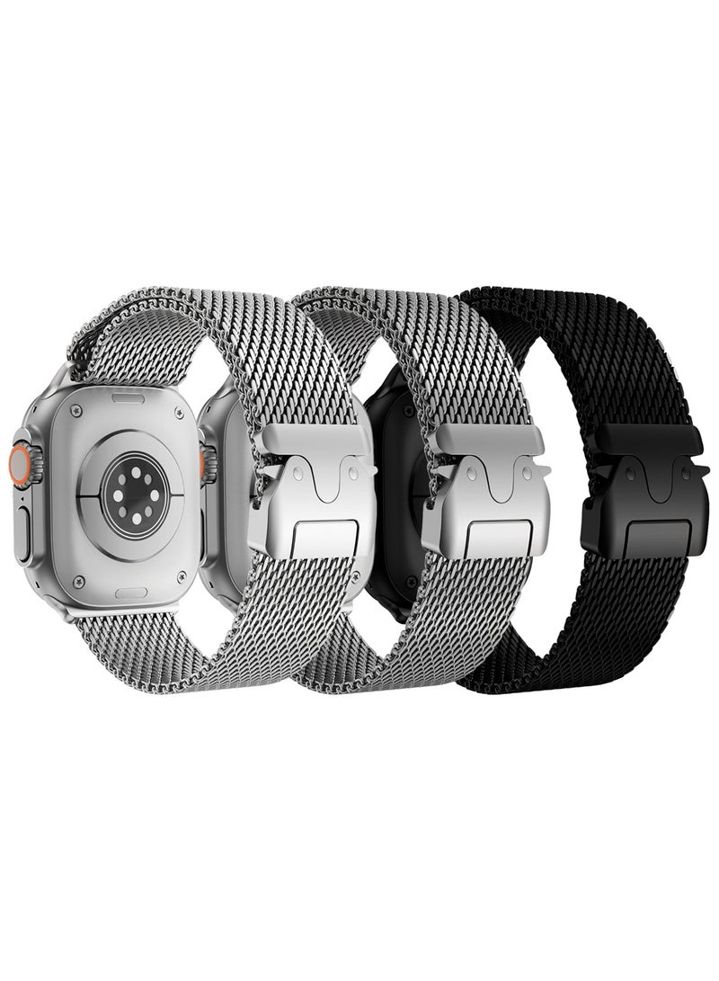 CATANES 3Packs Milanese Loop for Apple Watch Band Ultra 2 Band Ultra 49mm 46mm 45mm 44mm, Parachute-Style Buckle Stainless Steel Mesh Metal Band for iWatch Series 10-1 SE - Black Silver Natural Titanium - Image 4