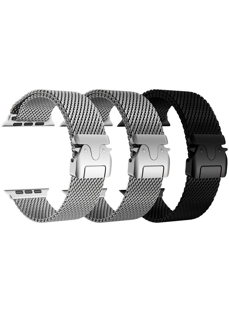 CATANES 3Packs Milanese Loop for Apple Watch Band Ultra 2 Band Ultra 49mm 46mm 45mm 44mm, Parachute-Style Buckle Stainless Steel Mesh Metal Band for iWatch Series 10-1 SE - Black Silver Natural Titanium - Image 2