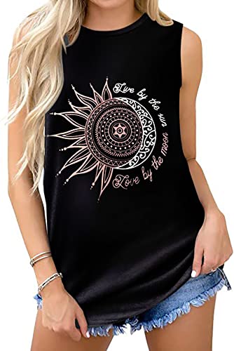 rosemia Sun Moon Graphic Tank Tops for Women Summer Sleeveless Tshirts Beach Casual Loose Tunic Blouses(Black, XL) - Image 1