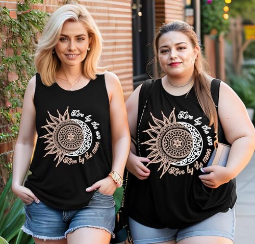 rosemia Sun Moon Graphic Tank Tops for Women Summer Sleeveless Tshirts Beach Casual Loose Tunic Blouses(Black, XL) - Image 2