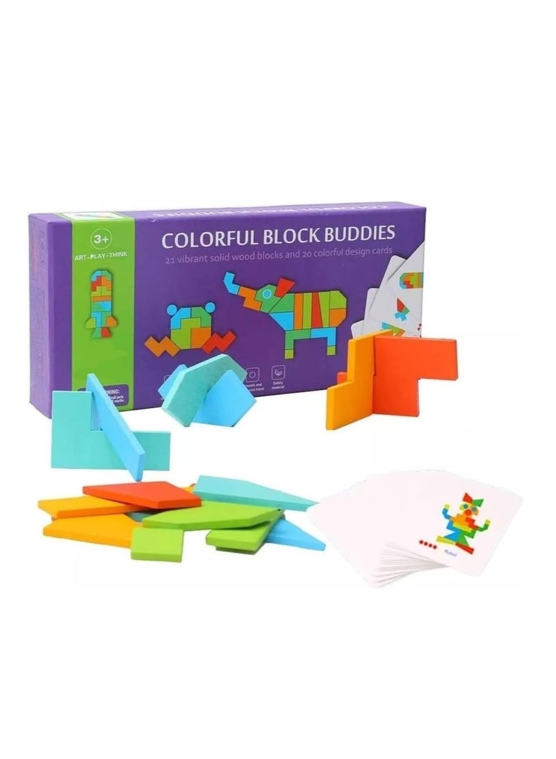 21 كتلة خشبية صلبة نابضة بالحياة و20 بطاقة إرشادية مع 40 تصميمًا، مكعبات تعليمية محمولة للأطفال الصغار للعب في الأماكن المغلقة والمفتوحة - Image 1
