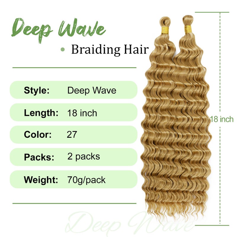 Eerya Long Curly Braiding Hair 18 Inch 2 Packs Honey Blonde Ocean Wave Crochet Hair for Black Women Deep Wave Braiding Hair for Boho Braids (18 inch, #27) - Image 2