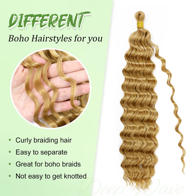 Eerya Long Curly Braiding Hair 18 Inch 2 Packs Honey Blonde Ocean Wave Crochet Hair for Black Women Deep Wave Braiding Hair for Boho Braids (18 inch, #27) - Image 3