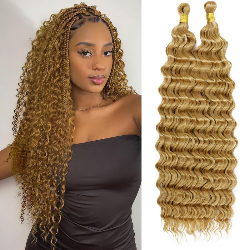 Eerya Long Curly Braiding Hair 18 Inch 2 Packs Honey Blonde Ocean Wave Crochet Hair for Black Women Deep Wave Braiding Hair for Boho Braids (18 inch, #27) - Image 1