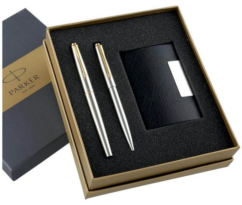 Parker Galaxy Silver Body | Stainless Steel | Gold Trim + Free Card Holder (2 Count, Pack of 2, Ink - Blue) | Recommended for gifting occasions | Elite pen for corporate and academic purposes - Image 1