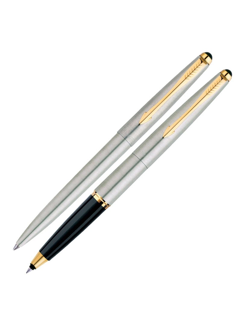 Parker Galaxy Silver Body | Stainless Steel | Gold Trim + Free Card Holder (2 Count, Pack of 2, Ink - Blue) | Recommended for gifting occasions | Elite pen for corporate and academic purposes - Image 2