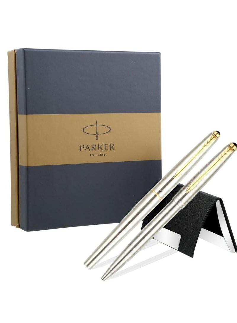Parker Galaxy Silver Body | Stainless Steel | Gold Trim + Free Card Holder (2 Count, Pack of 2, Ink - Blue) | Recommended for gifting occasions | Elite pen for corporate and academic purposes - Image 5