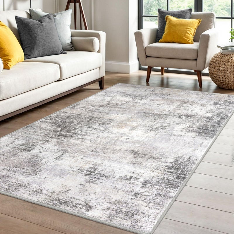 IOHOUZE Abstract Area Rug 4x6 Ft Washable Rugs for Entryway Indoor, Non Slip Small Living Room Rugs Printed Faux Wool Throw Rug, Floor Carpet for Kitchen Nursery Playroom, Grey Beige - Image 1