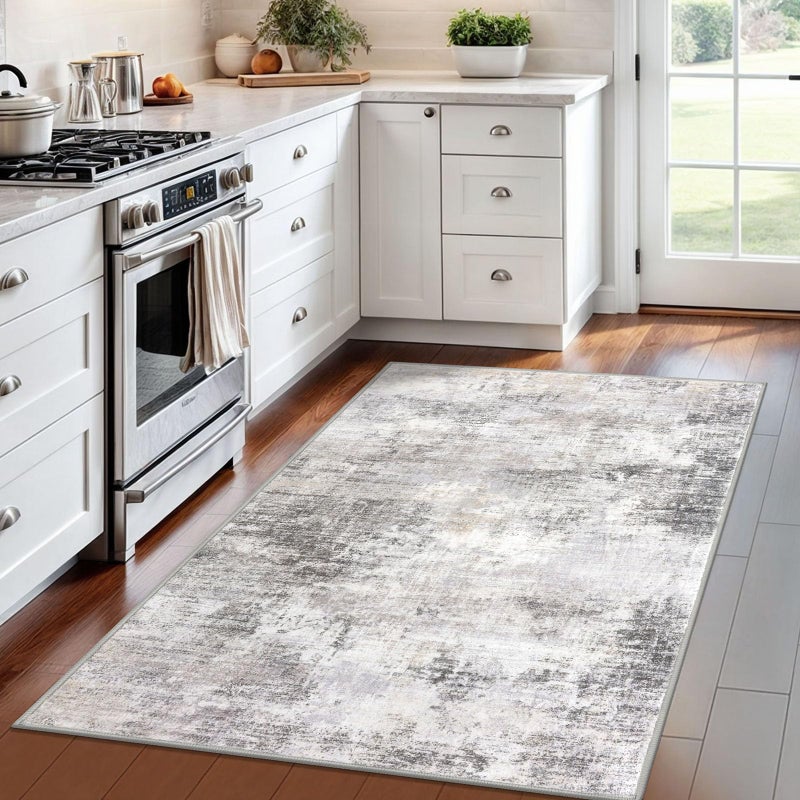 IOHOUZE Abstract Area Rug 4x6 Ft Washable Rugs for Entryway Indoor, Non Slip Small Living Room Rugs Printed Faux Wool Throw Rug, Floor Carpet for Kitchen Nursery Playroom, Grey Beige - Image 2