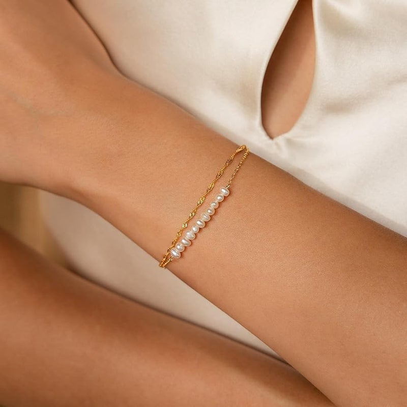 YOTIME Gold Pearl Bracelets for Women Trendy 18K Gold Plated Bracelets Dainty Pearls Beaded Chain Charm Pearl Bracelets Simple Jewelry for her - Image 2
