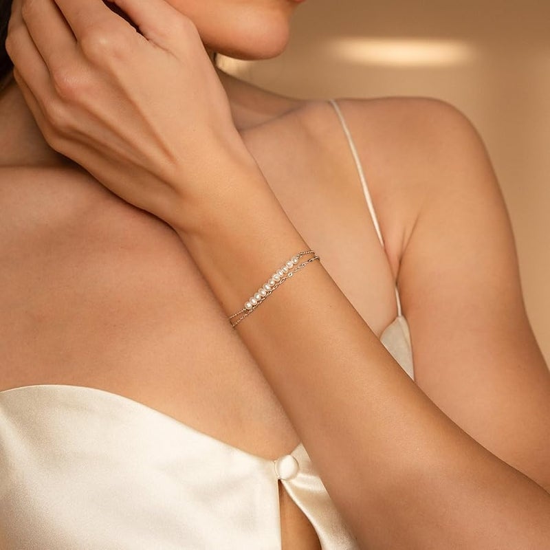 YOTIME Gold Pearl Bracelets for Women Trendy 18K Gold Plated Bracelets Dainty Pearls Beaded Chain Charm Pearl Bracelets Simple Jewelry for her - Image 4