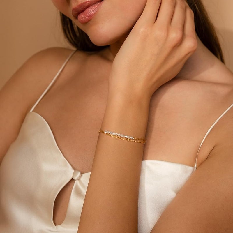 YOTIME Gold Pearl Bracelets for Women Trendy 18K Gold Plated Bracelets Dainty Pearls Beaded Chain Charm Pearl Bracelets Simple Jewelry for her - Image 3