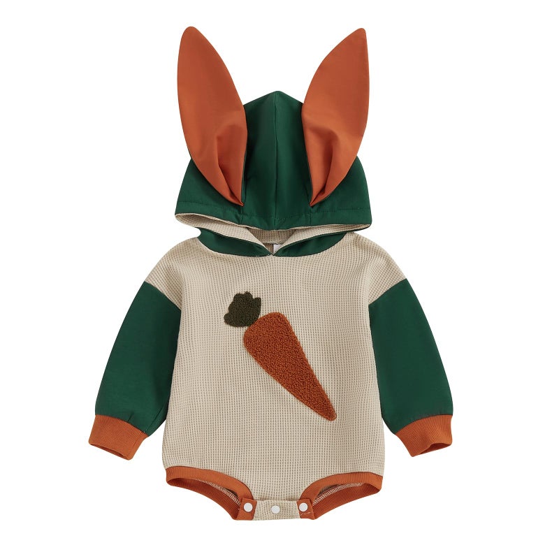 BemeyourBBs Newborn Baby Boy Girl Easter Outfit Bunny Ear Hoodie Romper Long Sleeve Jumpsuit Infant Spring Clothes (Carrot Khaki, 3-6 Months) - Image 1