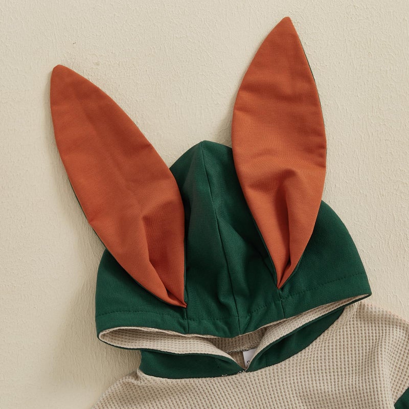 BemeyourBBs Newborn Baby Boy Girl Easter Outfit Bunny Ear Hoodie Romper Long Sleeve Jumpsuit Infant Spring Clothes (Carrot Khaki, 3-6 Months) - Image 4