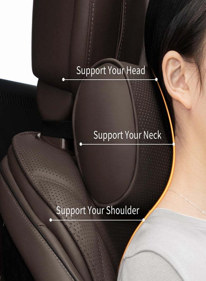 Dapucarin Car Headrest Pillow for Driving - Luxury Leather 100% Memory Foam, Ergonomic Neck Support - Universal Fit Head Rest Travel Pillow for Most Cars, Home & Office, Brown, 2 Pack - Image 2