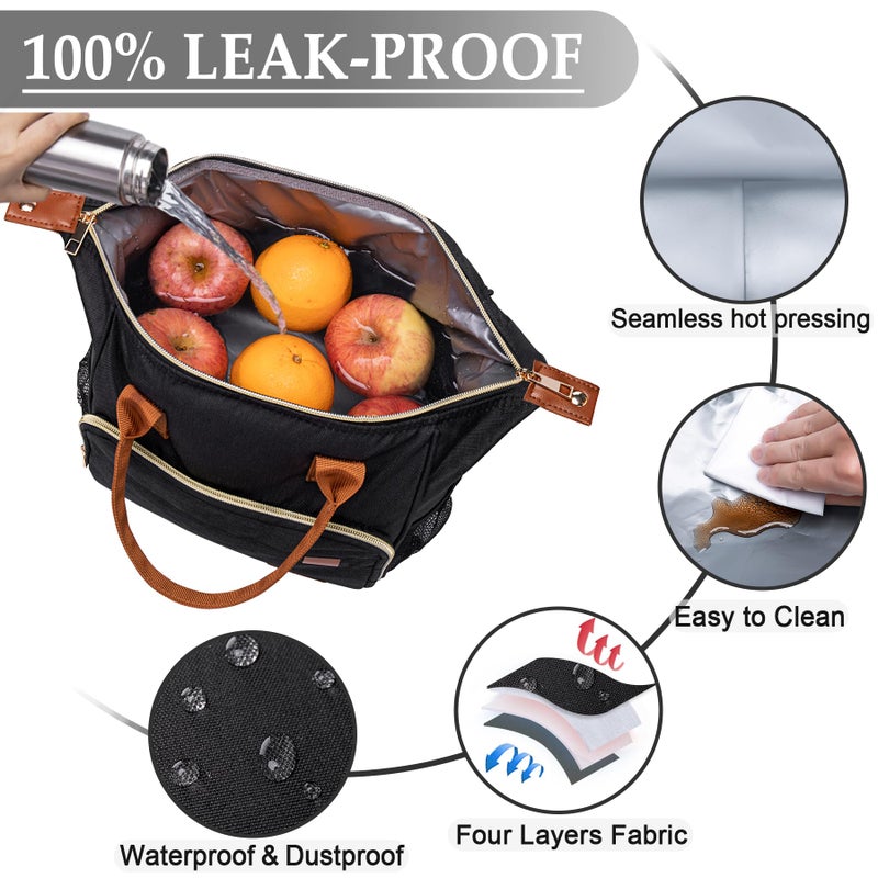 TuErCao Black Lunch Box for Women Insulated Lunch Bag for Work - Adult Stylish Lunch Tote Bag for Shopping Soft Cooler for Beach Picnic Travel - Image 3