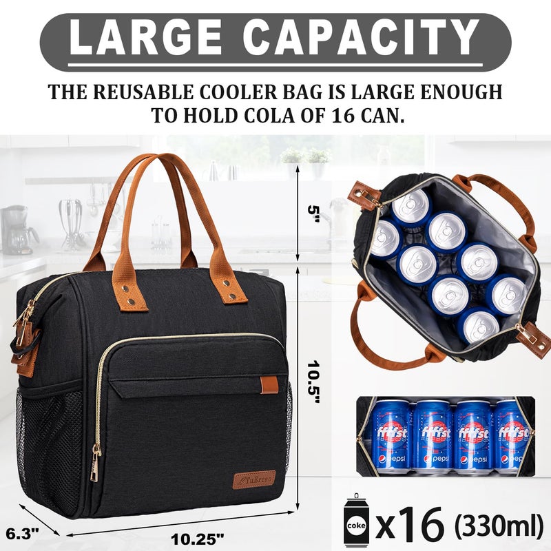TuErCao Black Lunch Box for Women Insulated Lunch Bag for Work - Adult Stylish Lunch Tote Bag for Shopping Soft Cooler for Beach Picnic Travel - Image 4