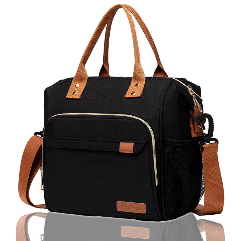 TuErCao Black Lunch Box for Women Insulated Lunch Bag for Work - Adult Stylish Lunch Tote Bag for Shopping Soft Cooler for Beach Picnic Travel - Image 1