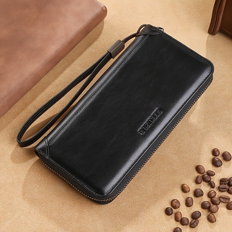 GERUOLA Men's Genuine Leather Long Wallet, Soft Cowhide Clutch, Travel Lightweight Luxury Simple Large Capacity Anti-Scan Gradient Black, Top Grain Cowhide, Large Capacity RFID Blocking Credit Card Holder, Portable for Work, Business, Commute, Office Gift, Anniversary, Couple, Birthday, Valentine's Day Gift, Leather Wallet, Father's Day Gift, Christmas, Thanksgiving Gift - Image 1