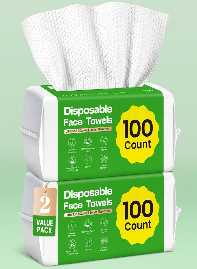 Elvira 200 Count (2 Pack) Disposable Face Towels, Biodegradable Skincare Facial Cleansing Towels, Ultra Soft & Thick Makeup Remover Dry Wipes, Lint-Free & Vegan for Sensitive Skin, Travel Essential - Image 1