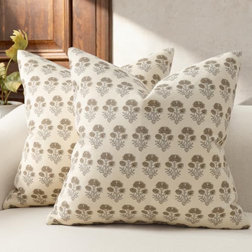 DKwizme Farmhouse Floral Pillow Covers 24x24 Set of 2, Country Botanical Throw Pillow Cover for Sofa Couch Bed Living Room, Rustic Vintage Flower Cushion Covers Cottage Home Décor,Vintage Walnut - Image 1